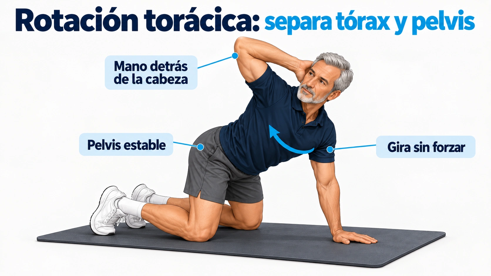 En cuadrupedia se gira el tórax con una mano detrás de la cabeza, manteniendo la pelvis estable.