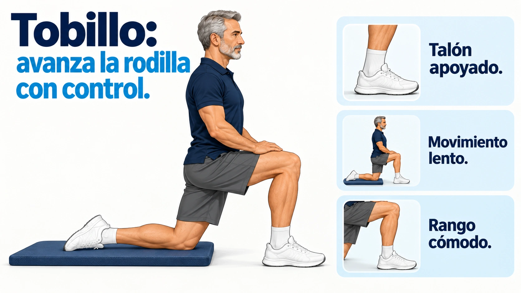 En media rodilla, el avance controlado de la rodilla delantera trabaja la movilidad del tobillo manteniendo el talón apoyado.