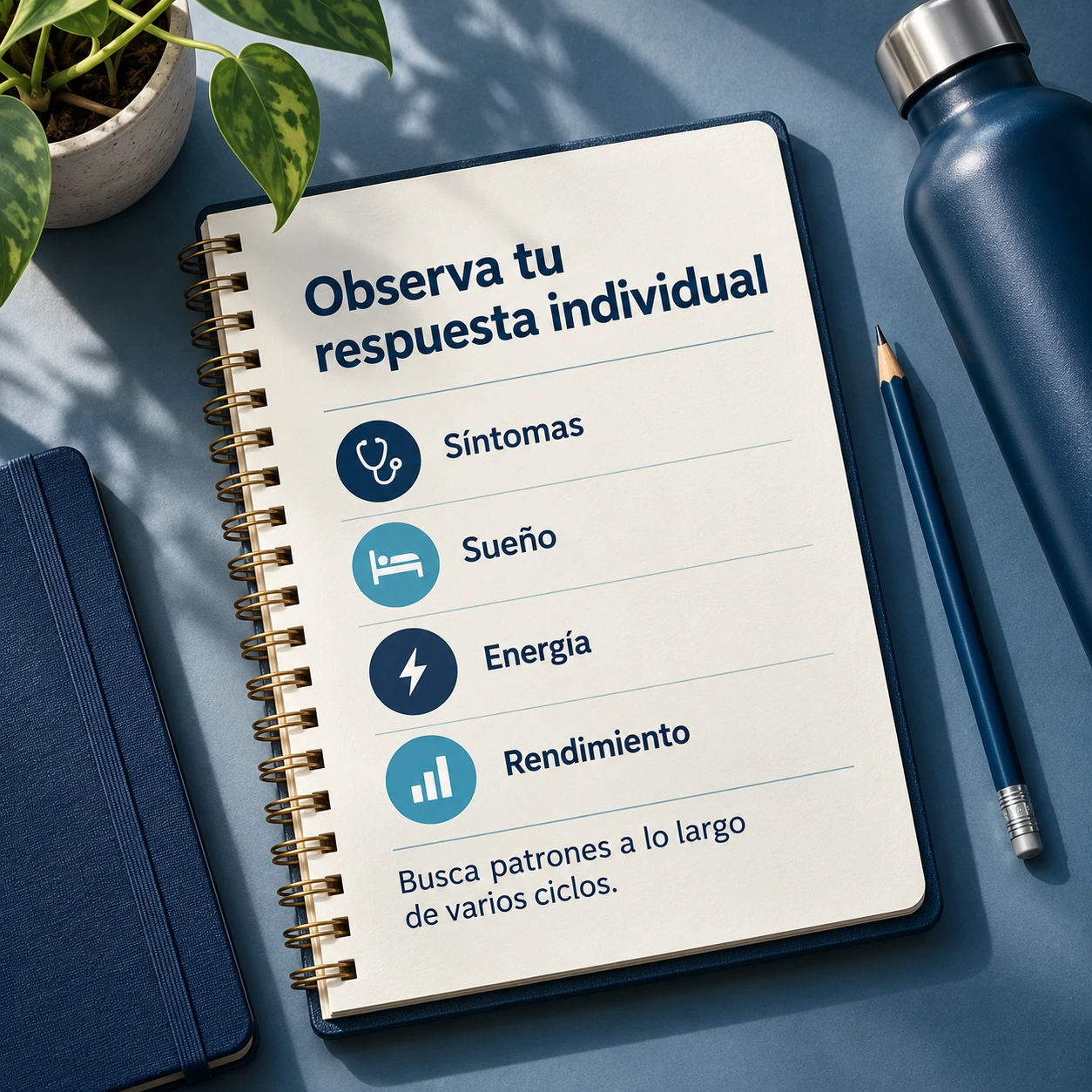 Registro de síntomas, sueño, energía y rendimiento para observar la respuesta individual durante el ciclo.