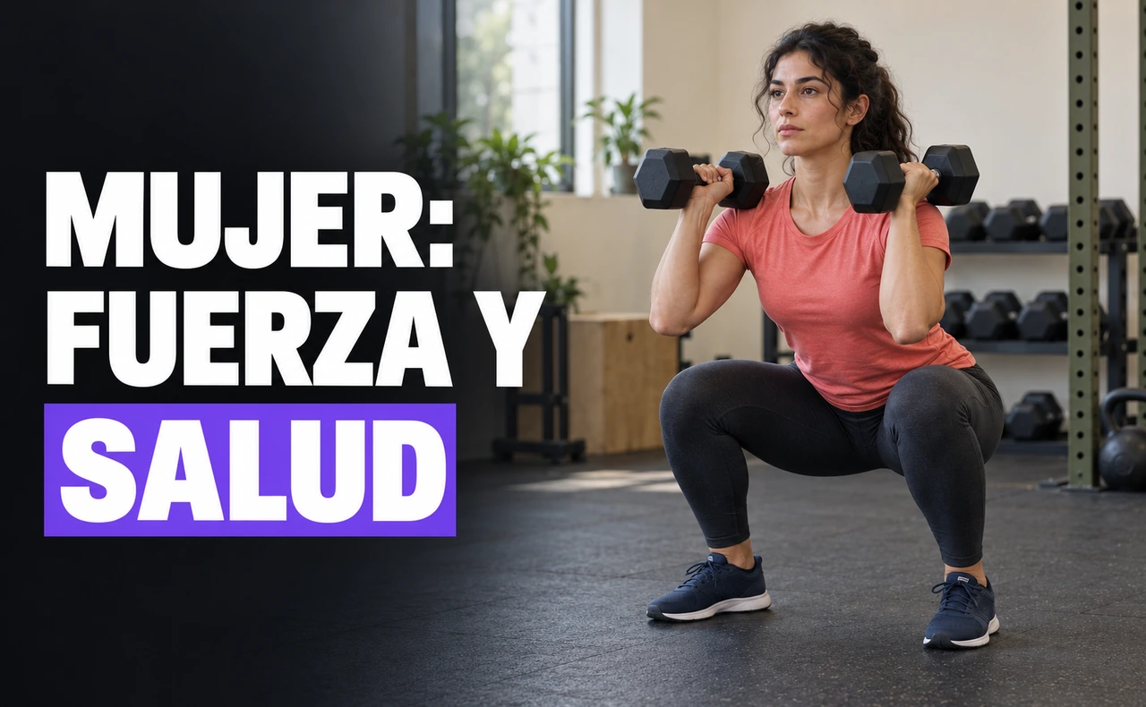 Deportista joven realizando una sentadilla con dos mancuernas en una sala de entrenamiento, junto al titular «Mujer: fuerza y salud».
