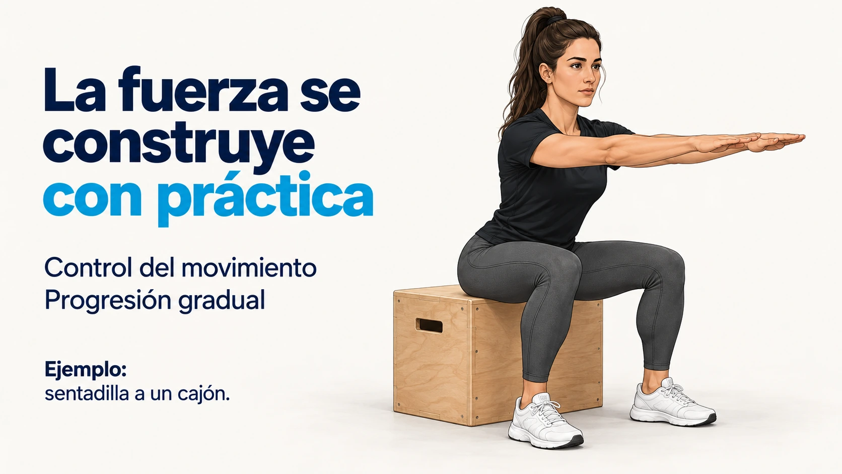 Entrenadora oficial mostrando una sentadilla a un cajón con control del movimiento y progresión gradual.
