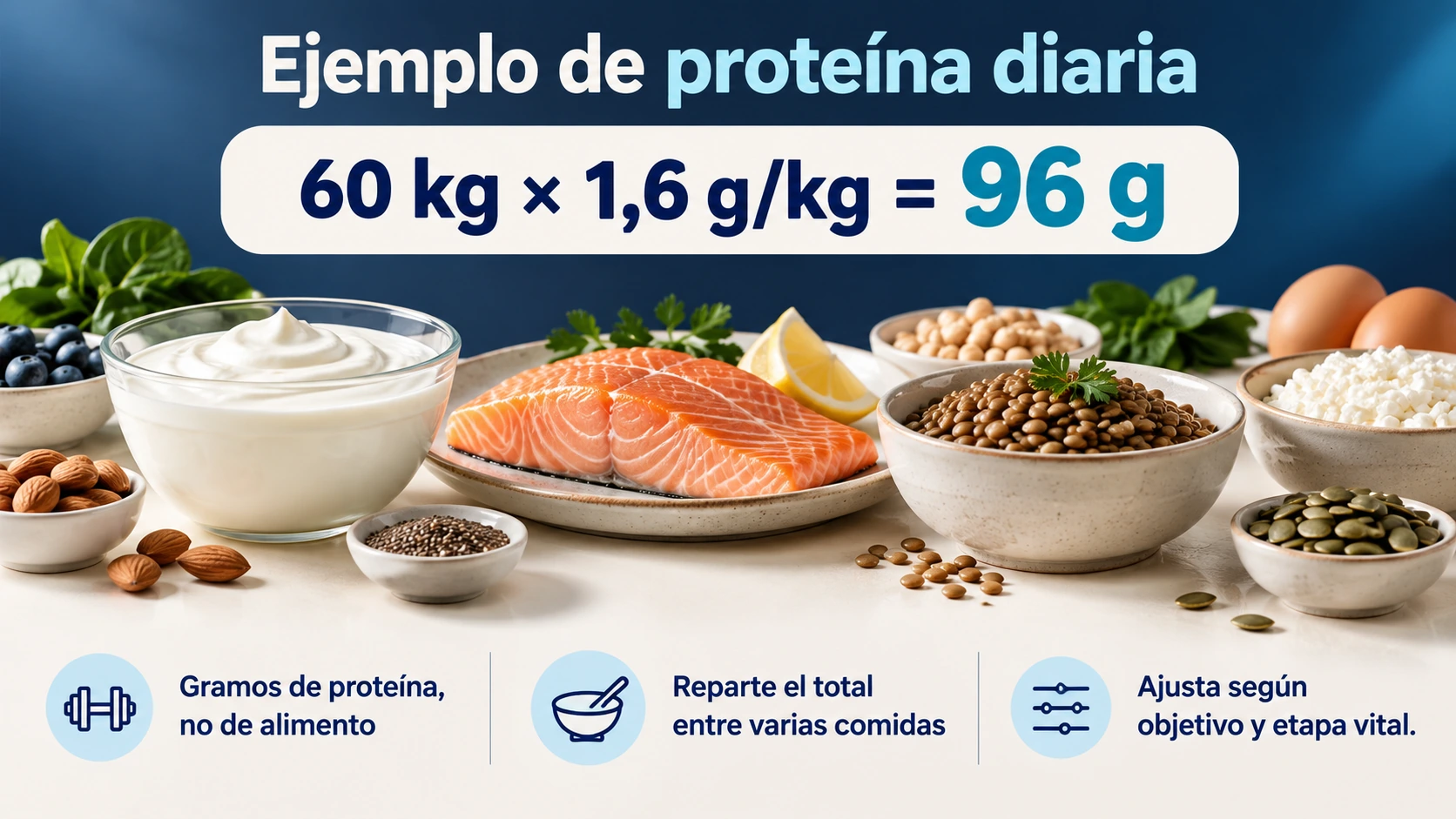 Ejemplo de 96 g de proteína al día para 60 kg de peso corporal usando una referencia de 1,6 g/kg.