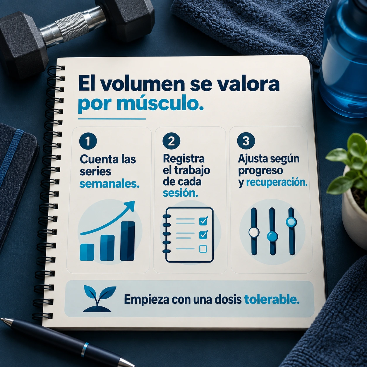Tres pasos para valorar el volumen: contar series por músculo, registrar sesiones y ajustar según la respuesta.