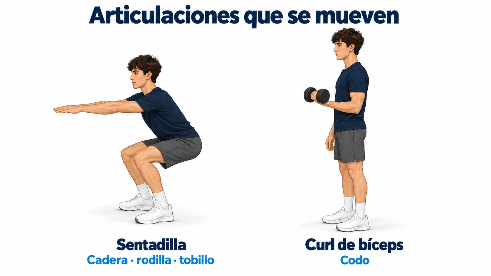 Comparación de las articulaciones en movimiento en una sentadilla y un curl de bíceps.