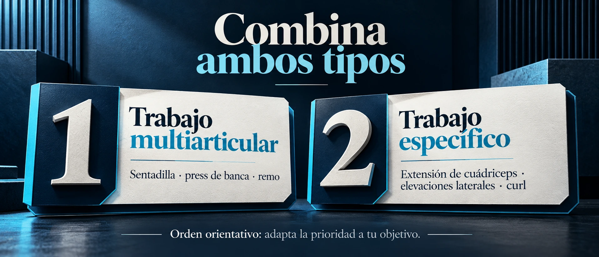 Ejemplo de una sesión que combina sentadilla, press y remo con ejercicios de cuádriceps, hombros y bíceps.
