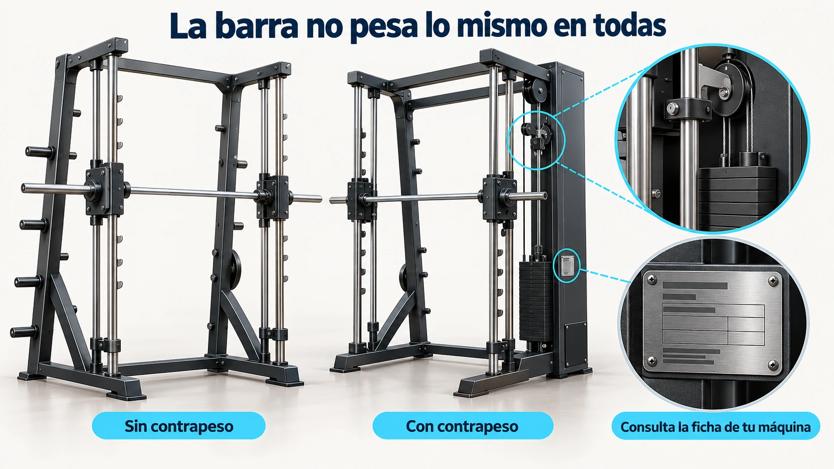 El peso efectivo de la barra de multipower depende del modelo y del contrapeso
