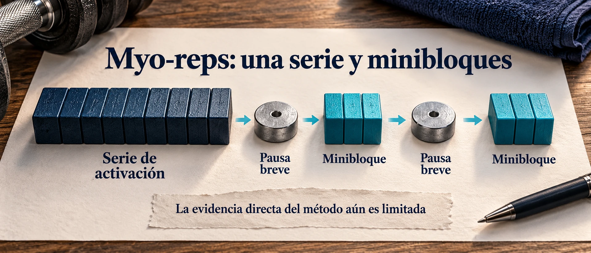 Estructura de myo-reps con una serie de activación y minibloques separados por pausas breves, con evidencia directa todavía limitada.