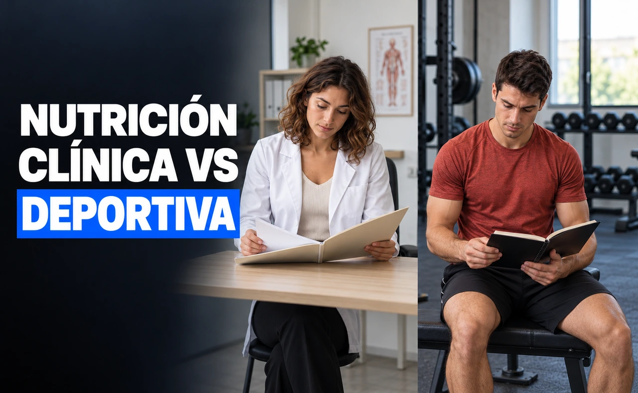Mujer joven revisando una carpeta en una consulta y hombre joven leyendo un cuaderno en un gimnasio, con el titular «Nutrición clínica vs deportiva».