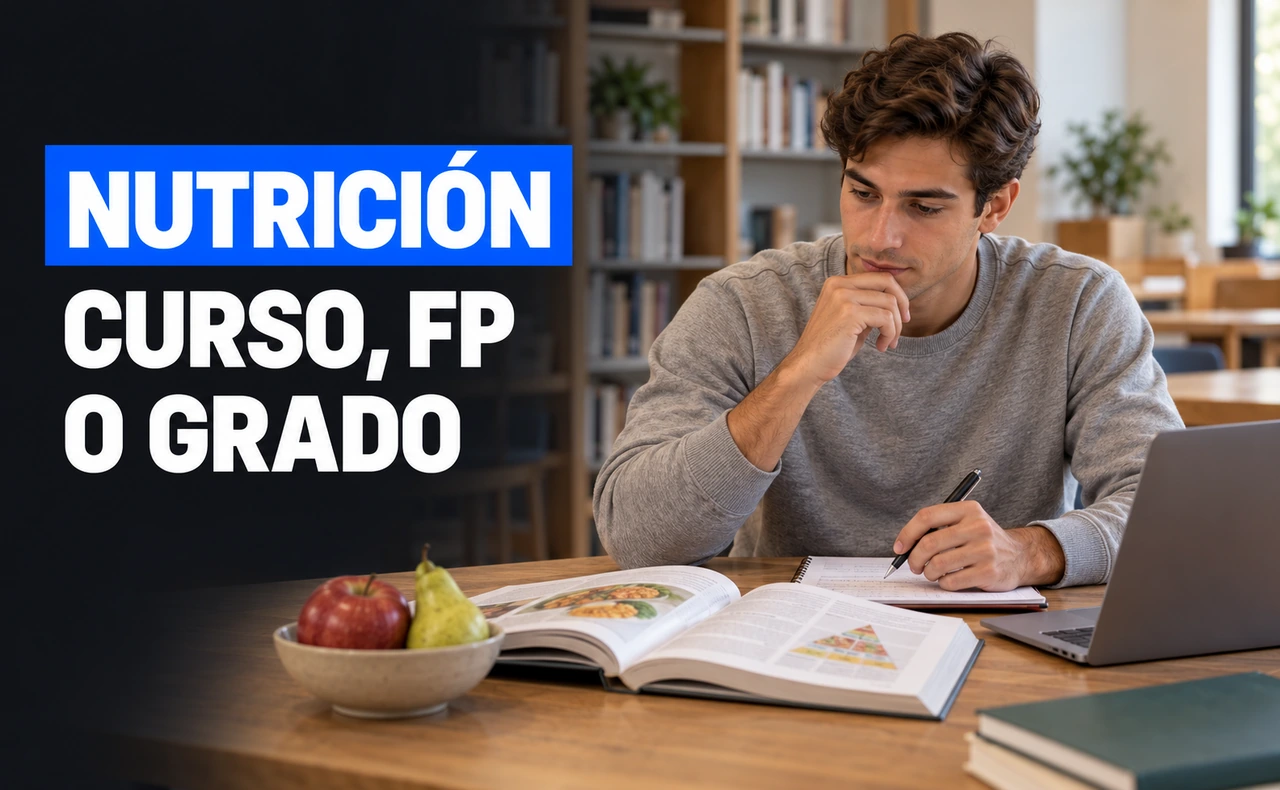 Joven con sudadera gris estudiando un libro de nutrición y tomando notas junto a un portátil y un cuenco con manzana y pera. Titular: «Nutrición, curso, FP o grado».