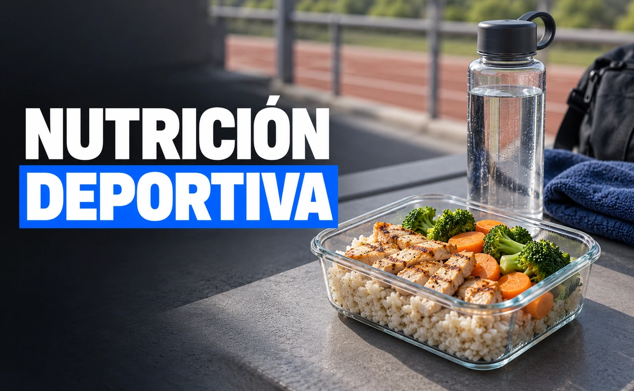 Recipiente con arroz, pollo y verduras junto a una botella de agua, una toalla y una bolsa deportiva, con el titular «Nutrición deportiva».