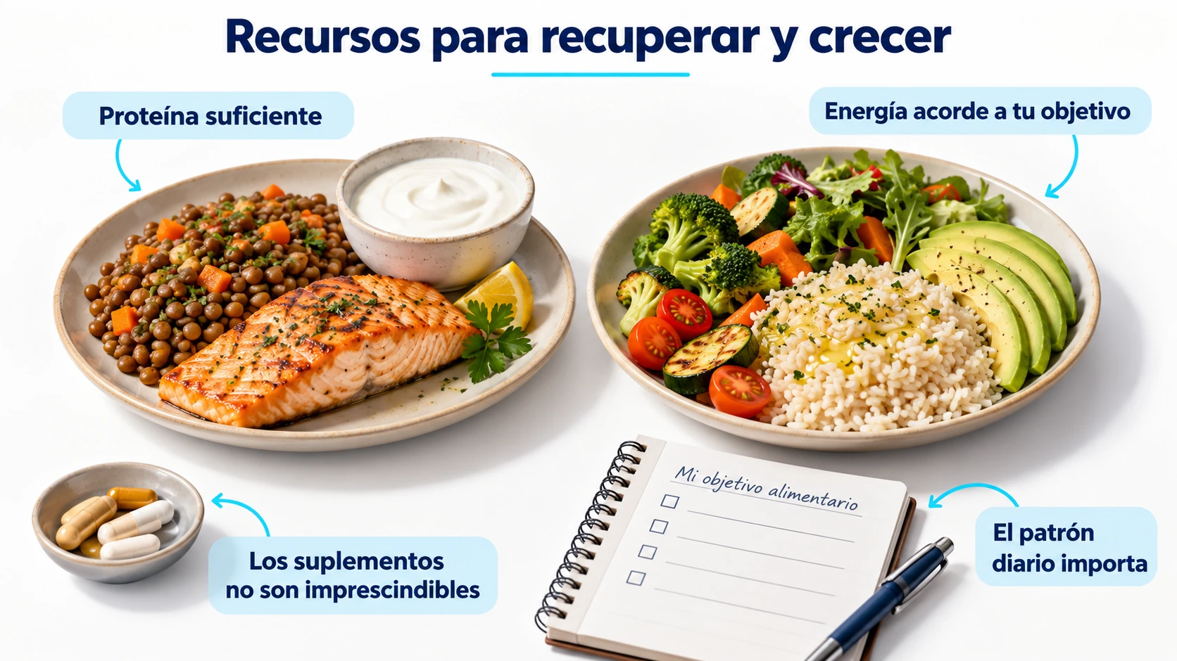 Alimentos que aportan proteína y energía dentro de un patrón de alimentación suficiente para el objetivo.