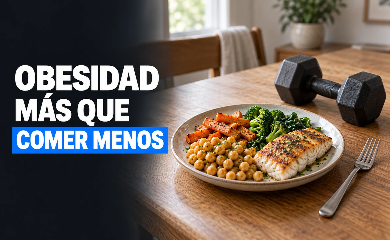 Plato con pescado, garbanzos y verduras junto a una mancuerna, con el titular «Obesidad: más que comer menos».