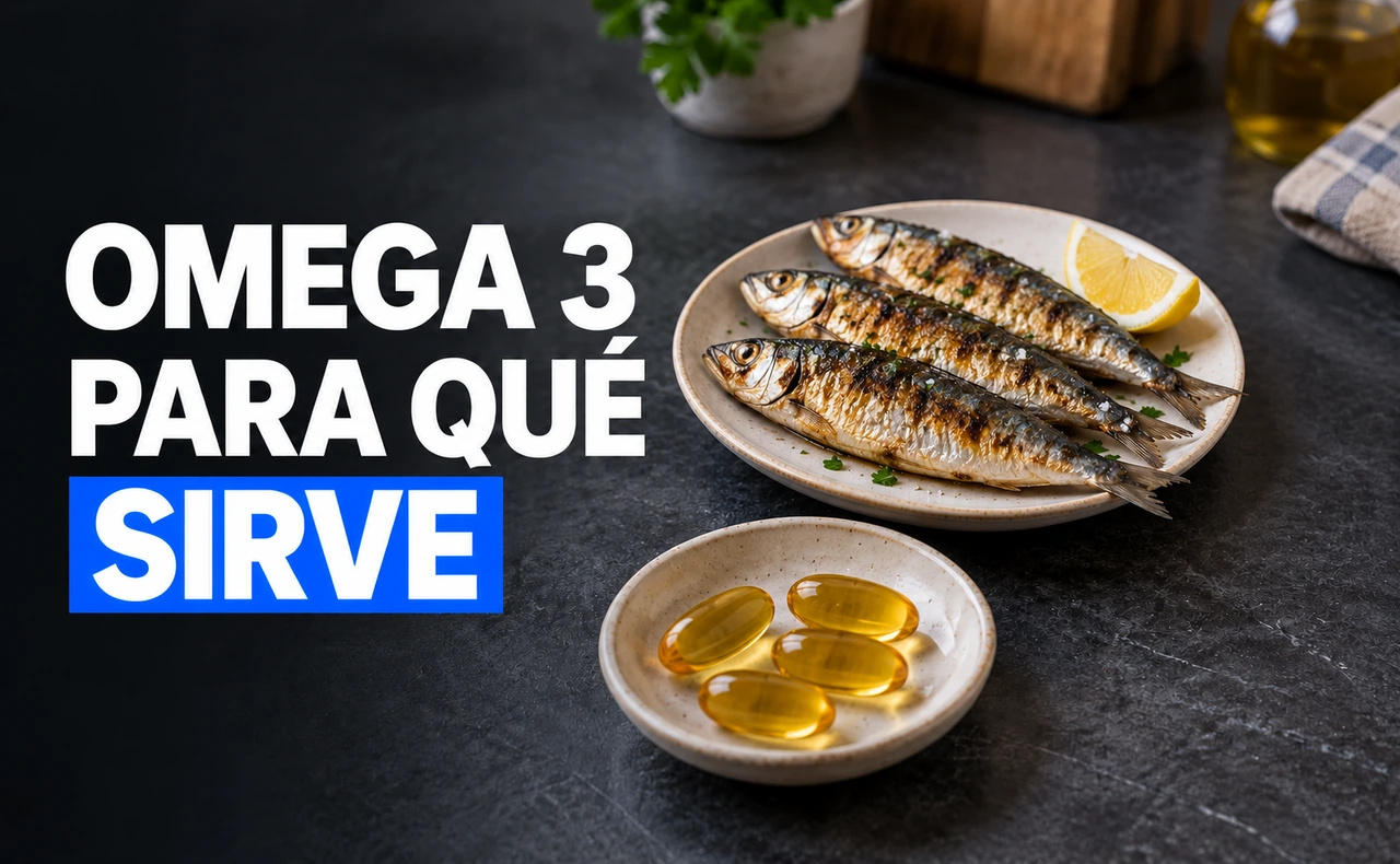 Plato de sardinas con limón y un pequeño cuenco con cápsulas de aceite, junto al titular «Omega 3: para qué sirve».