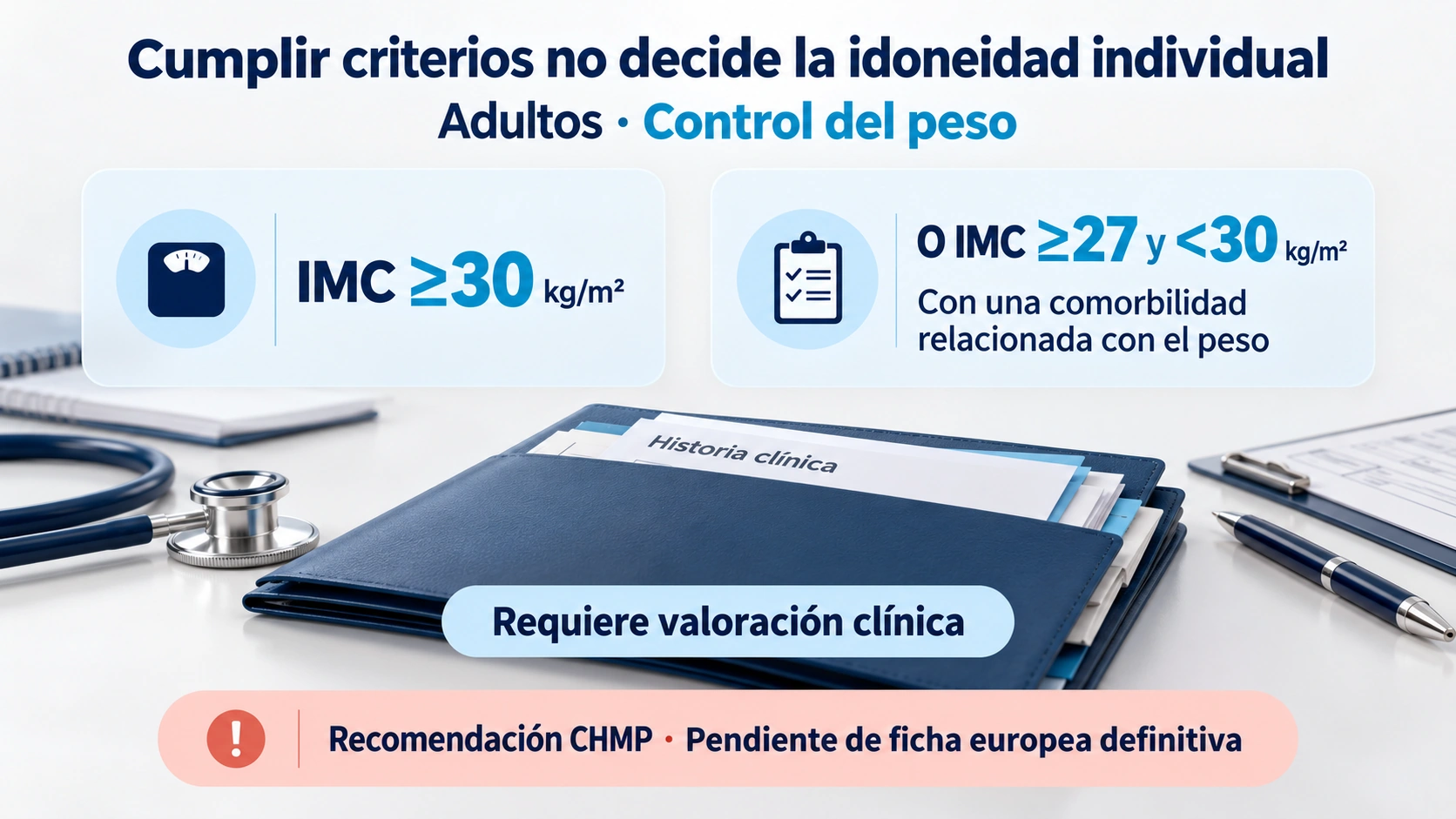 La recomendación europea plantea criterios de IMC para adultos, pero la idoneidad requiere valoración clínica
