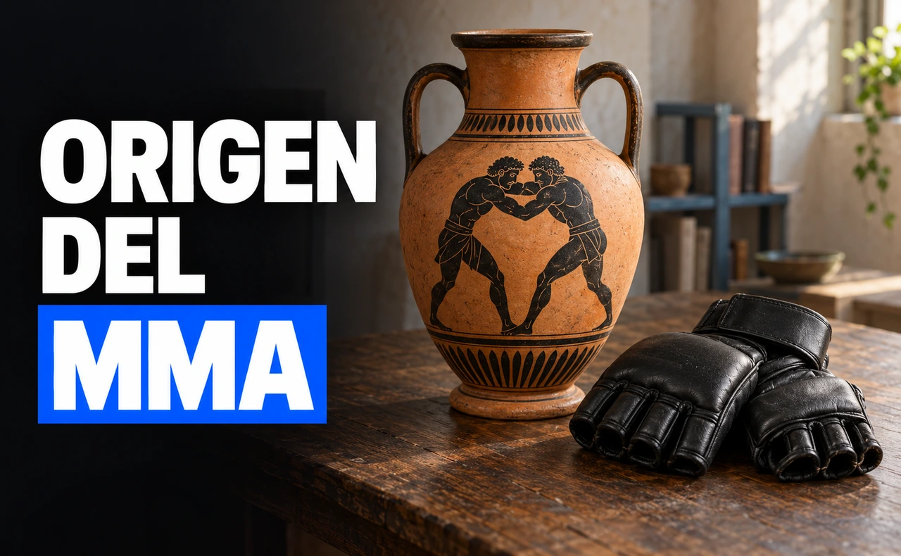Cerámica de inspiración griega decorada con dos luchadores junto a guantes negros de MMA sobre una mesa, con el titular «Origen del MMA».