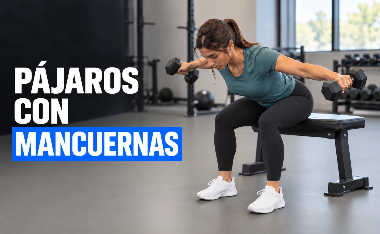 Deportista joven realizando pájaros con dos mancuernas sentada e inclinada hacia delante en un banco, junto al titular «Pájaros con mancuernas».