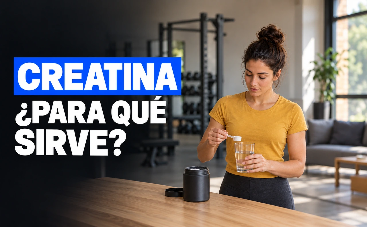 Deportista joven preparando una toma con una pequeña cuchara de polvo y un vaso de agua, junto al titular «Creatina: ¿para qué sirve?».