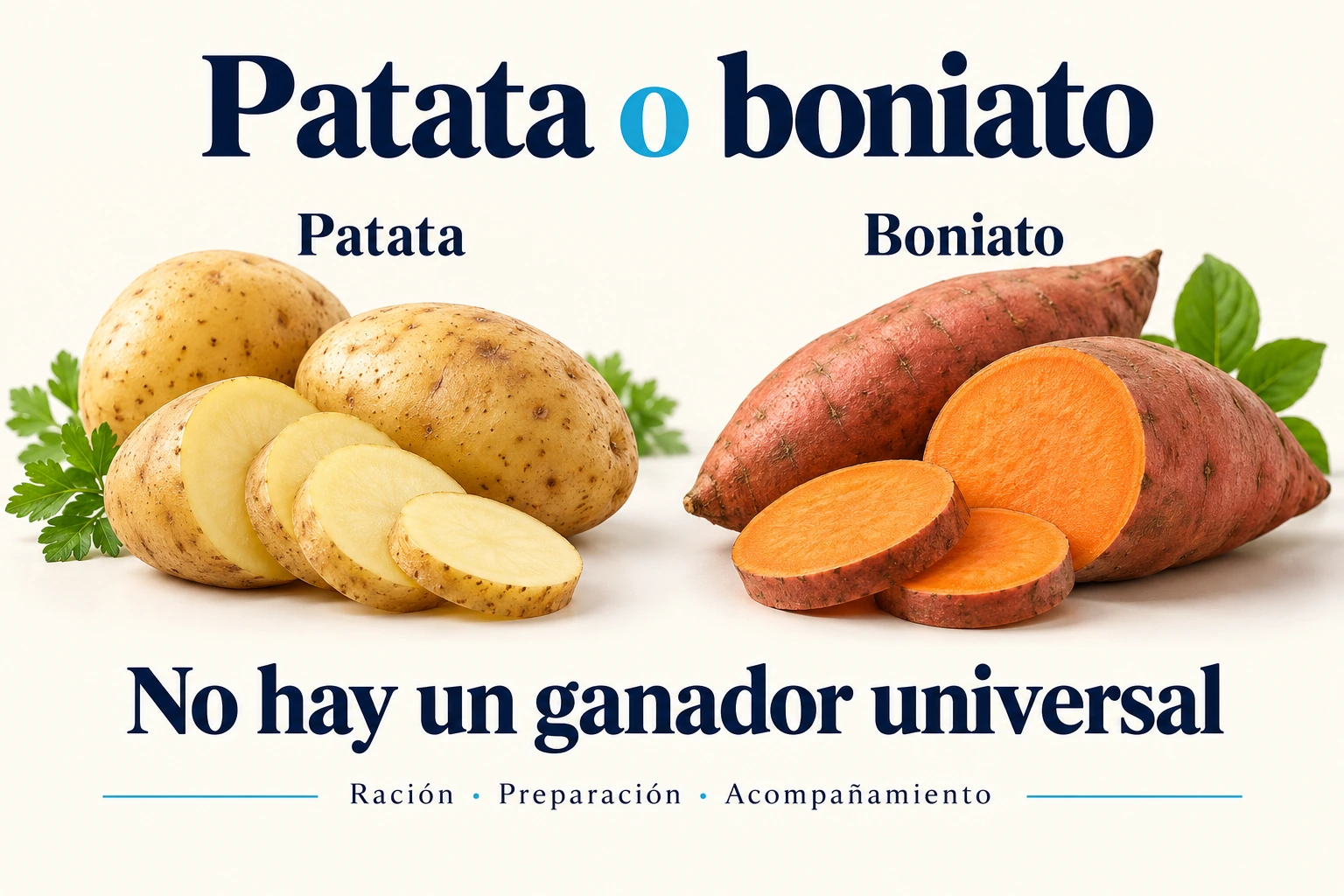 Patata y boniato junto a los tres factores que condicionan su respuesta glucémica: ración, preparación y acompañamiento.