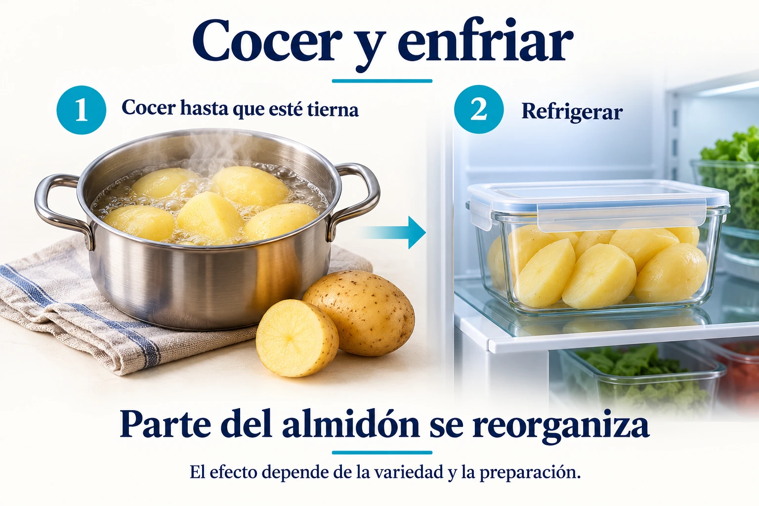 Patatas cocidas y guardadas en un recipiente en el frigorífico para favorecer la retrogradación del almidón.