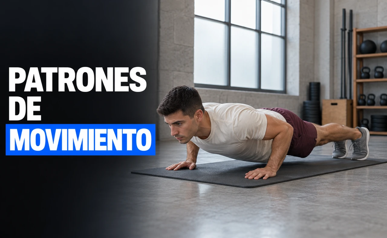 Deportista joven realizando una flexión de brazos con las manos y los pies apoyados sobre una esterilla, con el titular «Patrones de movimiento».