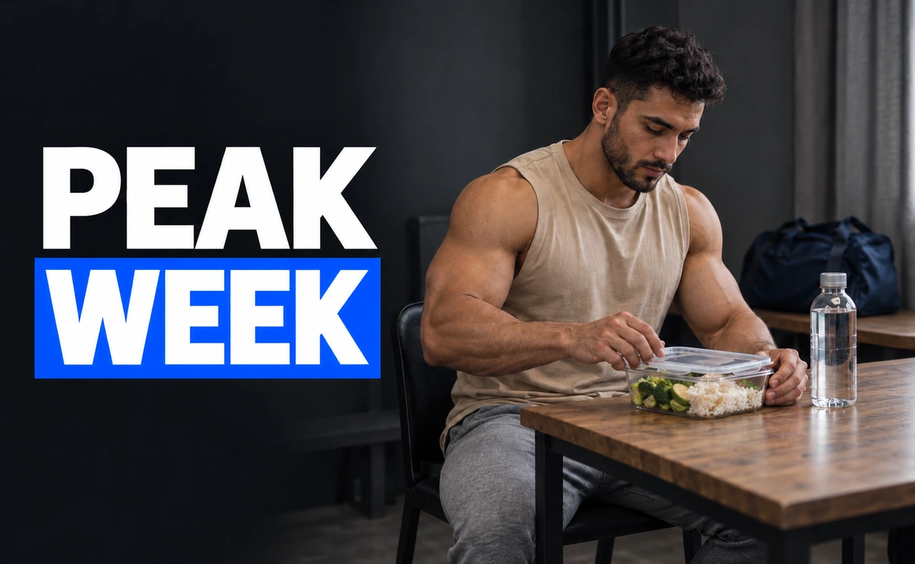 Hombre cerrando un recipiente con arroz y verduras en una mesa, junto a una botella de agua y una bolsa de deporte al fondo. Titular: «Peak Week».