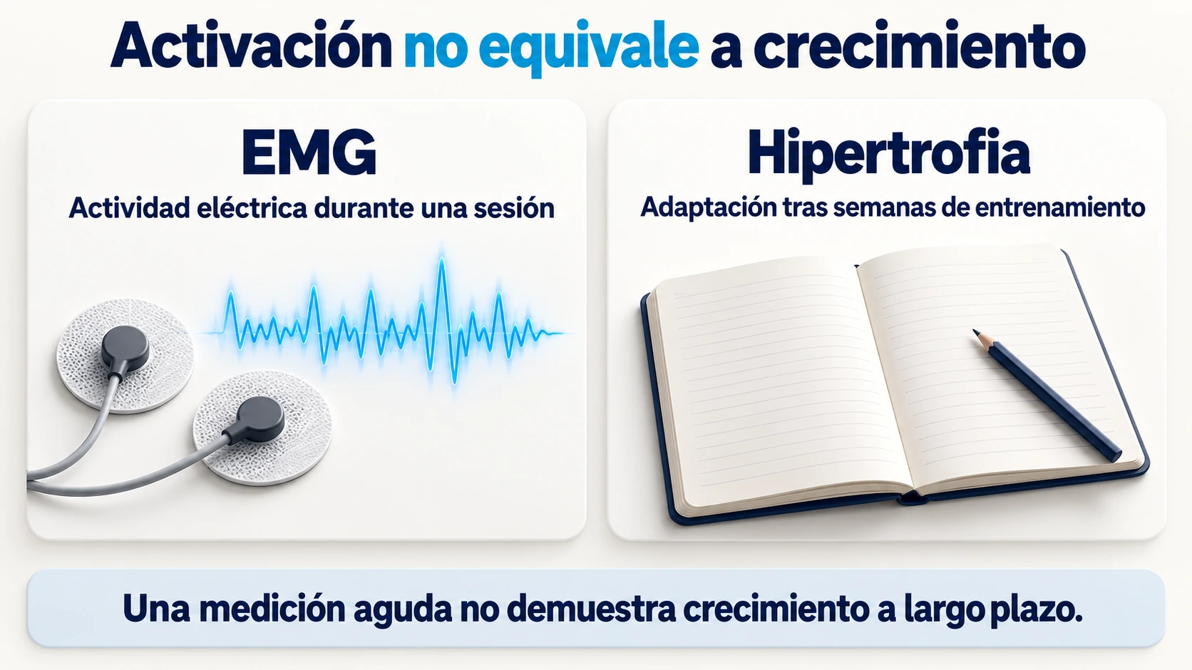 Diferencia entre la actividad eléctrica registrada con EMG en una sesión y la hipertrofia tras semanas de entrenamiento.