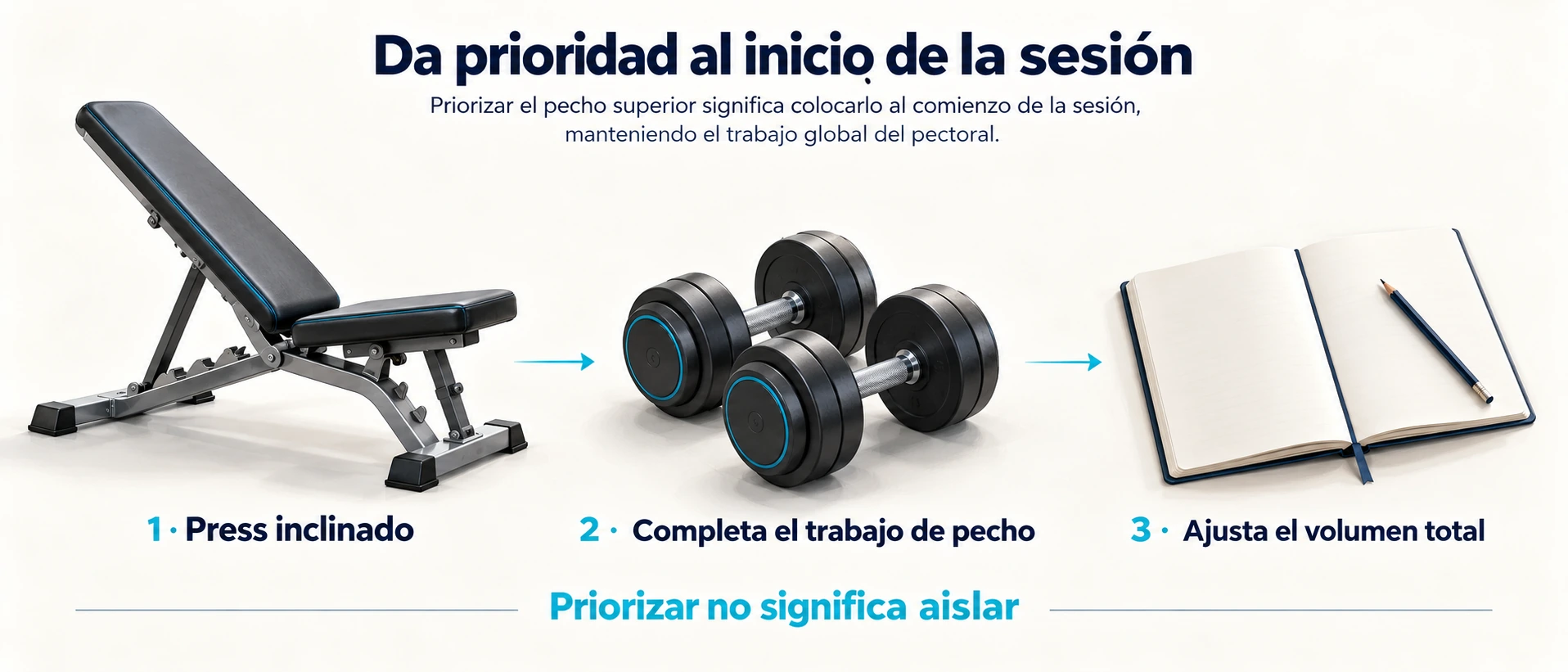 Orden de una sesión que prioriza el press inclinado y completa el trabajo del pectoral controlando el volumen total.