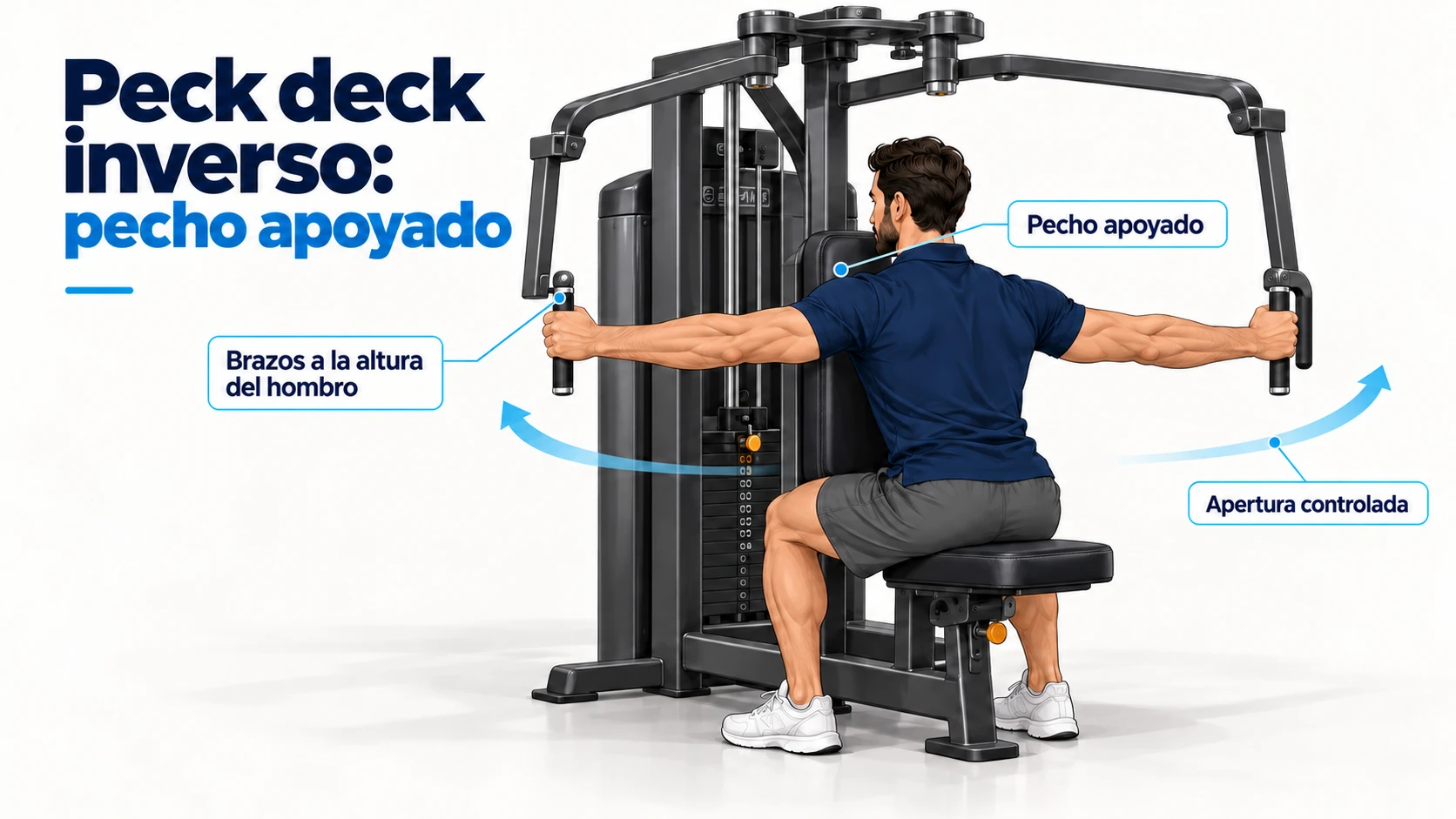 Peck deck inverso con pecho apoyado y apertura de brazos a la altura del hombro