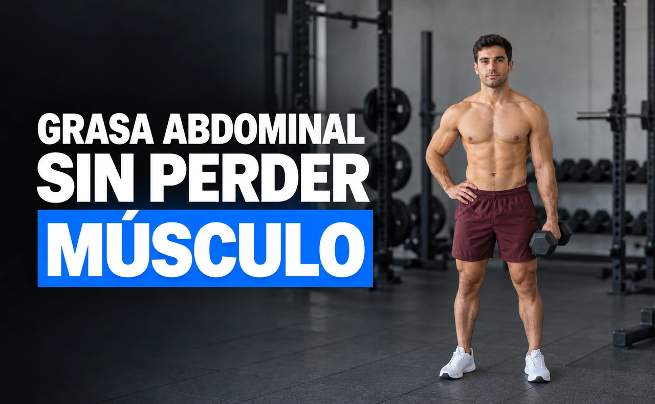 Deportista joven de pie en un gimnasio, con el torso descubierto y una mancuerna junto al muslo, con el titular «Grasa abdominal sin perder músculo».