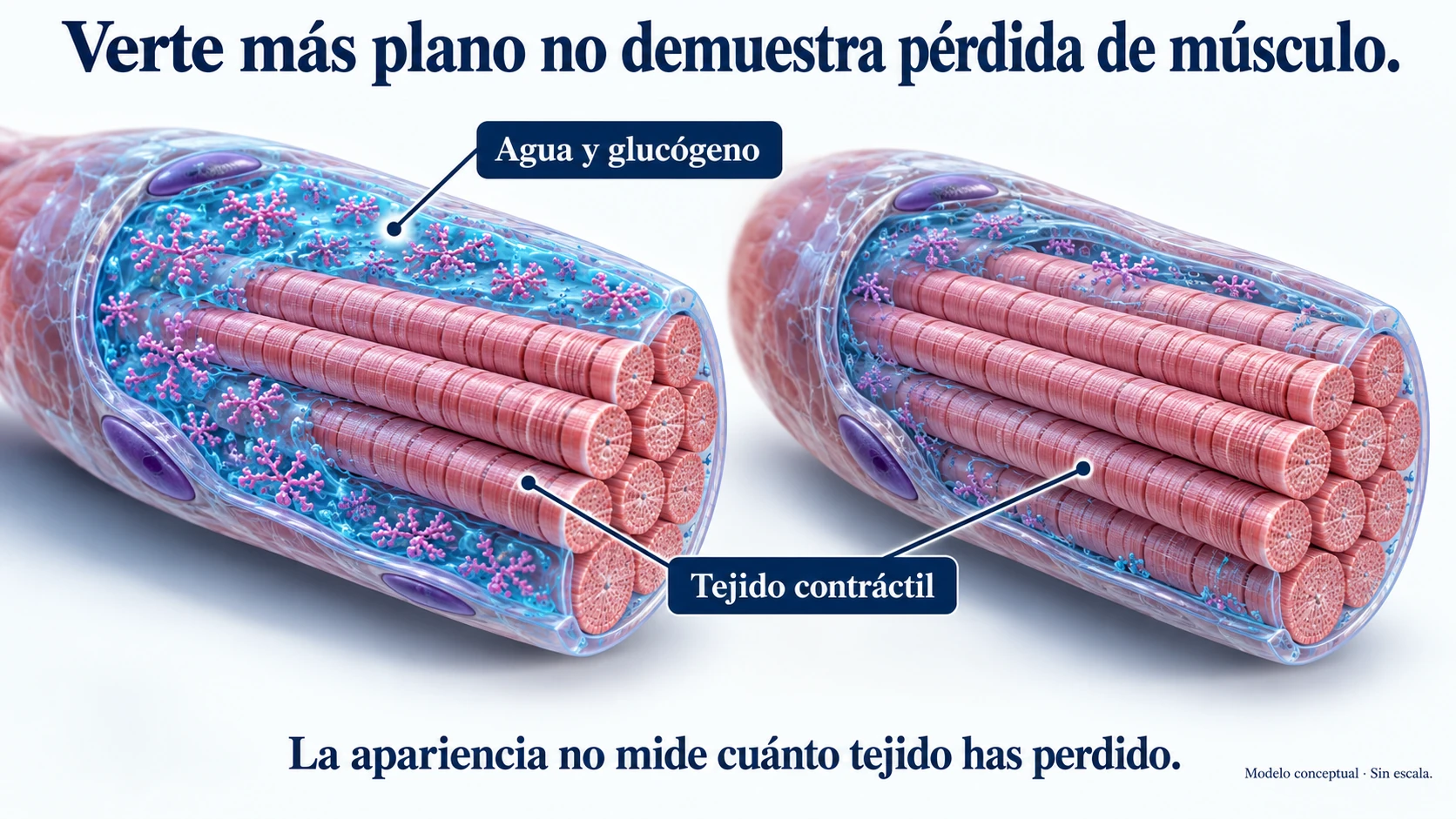Dos modelos conceptuales distinguen los cambios de agua y glucógeno del tejido contráctil muscular.