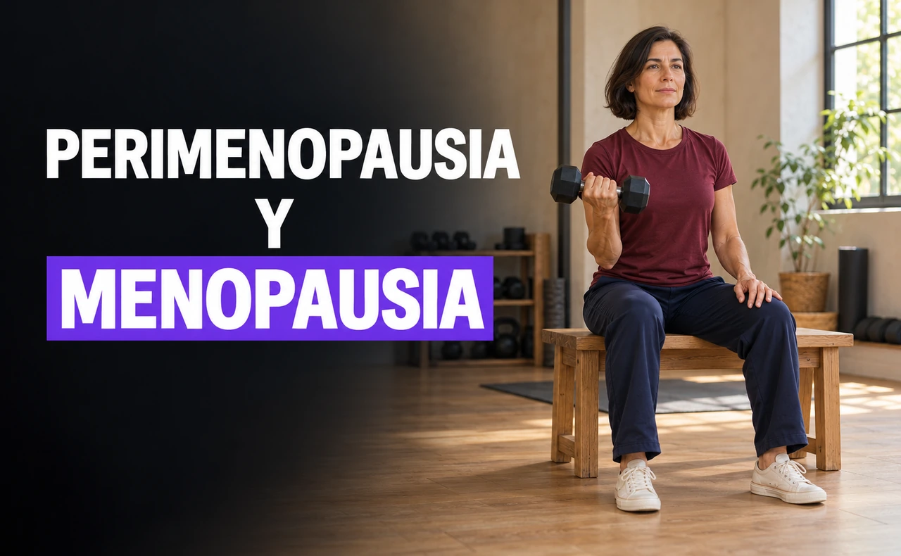 Mujer de mediana edad realizando un curl sentado con una mancuerna, junto al titular «Perimenopausia y menopausia».