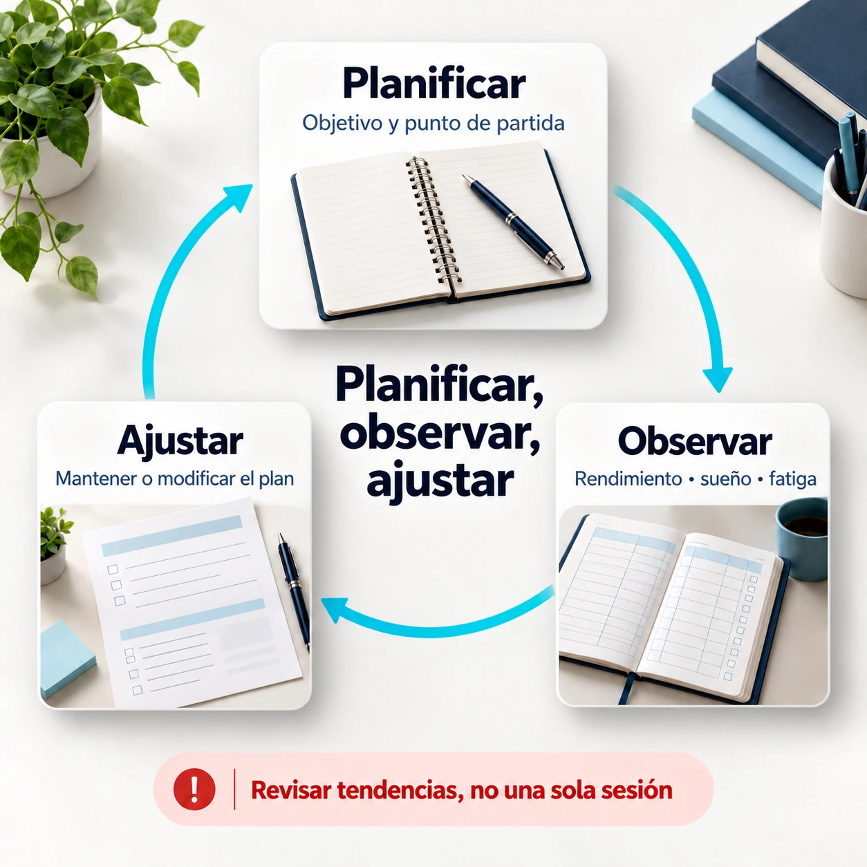 Ciclo de planificación, observación y ajuste basado en rendimiento, sueño y fatiga