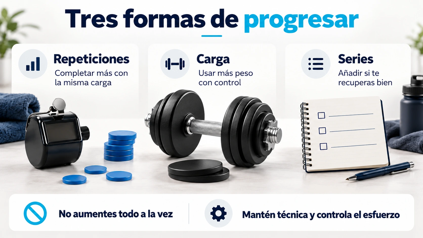 Progresión mediante repeticiones, carga o series cuidando la técnica y el esfuerzo