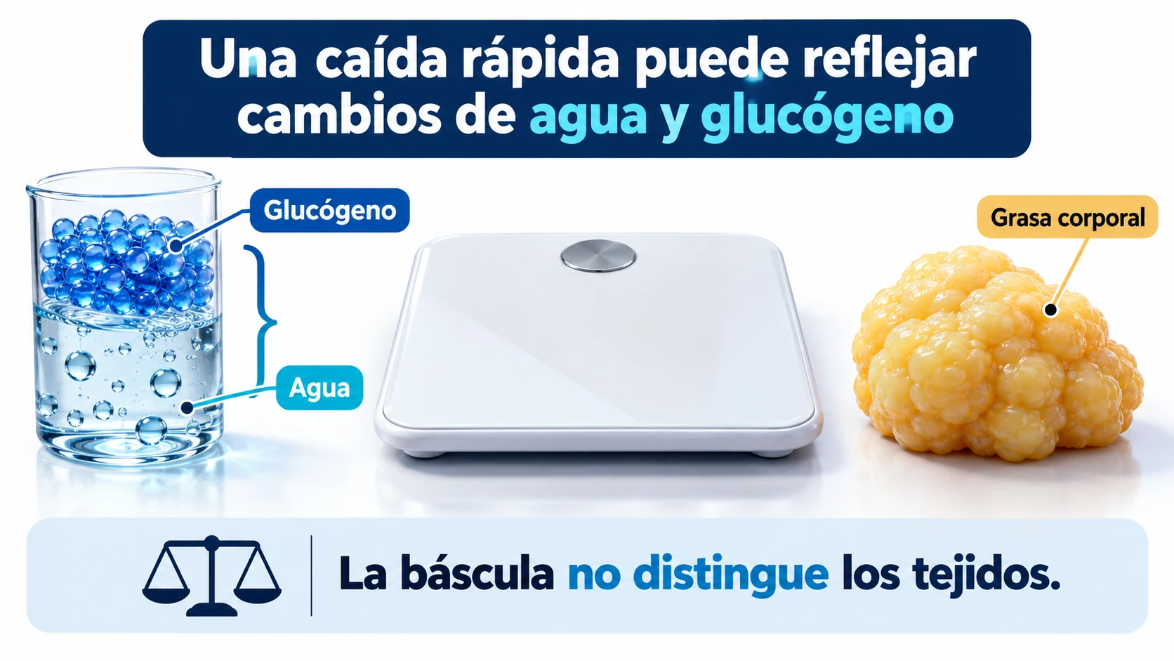 Distinción entre cambios de glucógeno, agua y grasa corporal al interpretar una bajada de peso.