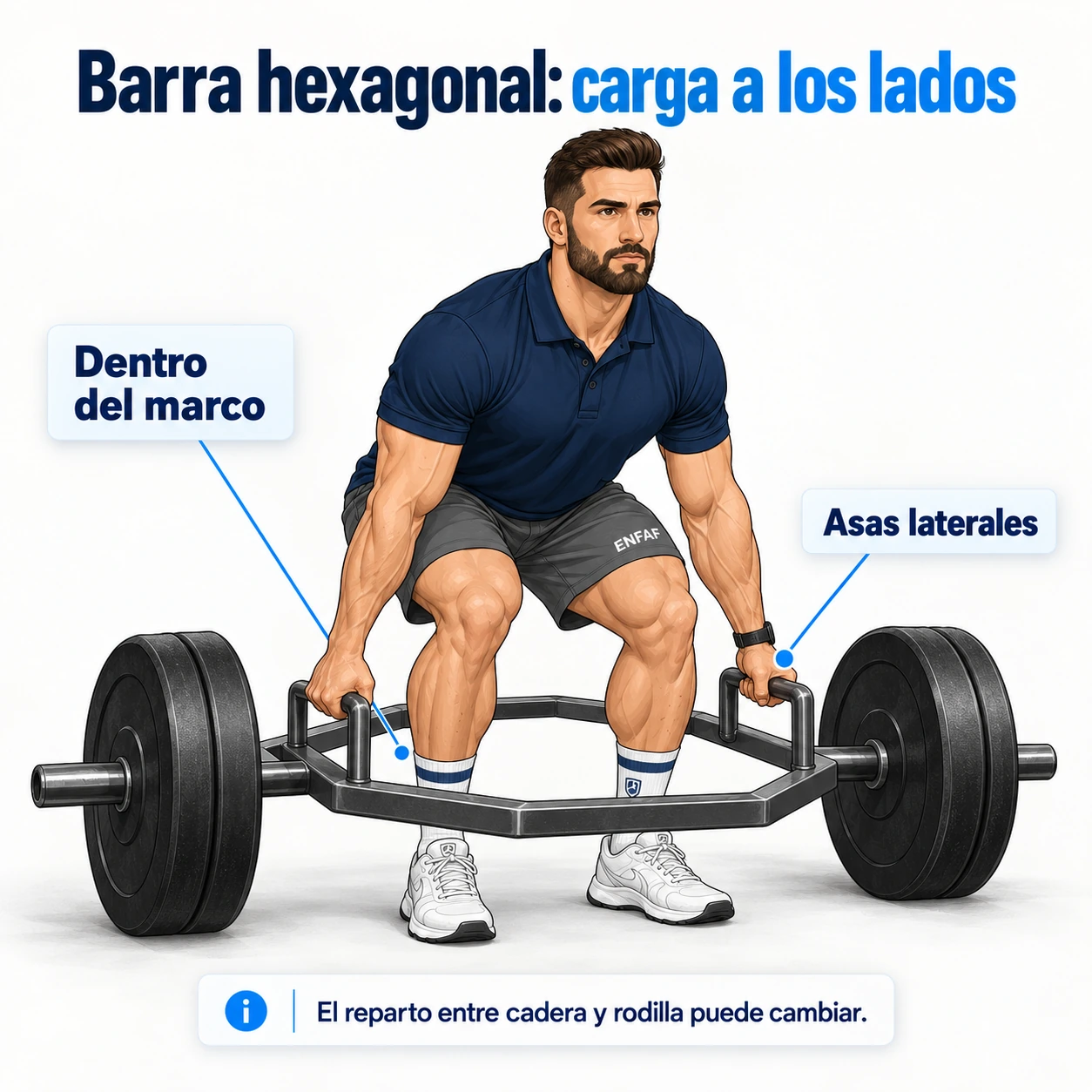 Posición dentro de una barra hexagonal y agarre de las asas laterales para el peso muerto.