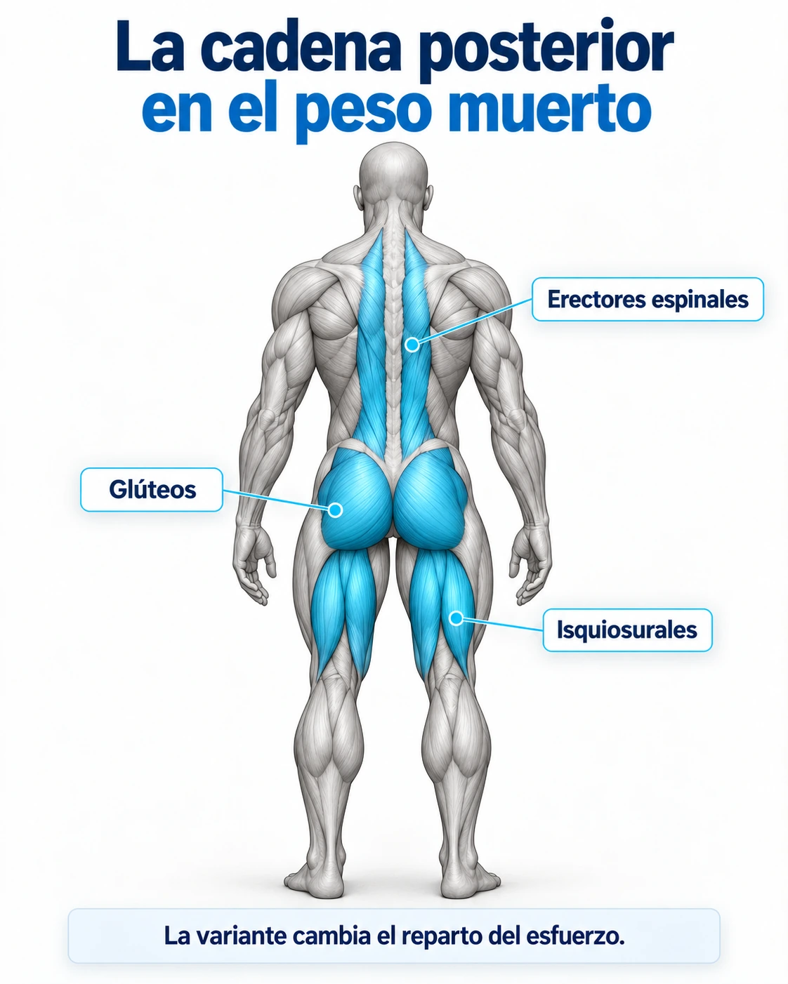 Cadena posterior que participa en el peso muerto: glúteos, isquiosurales y erectores espinales.