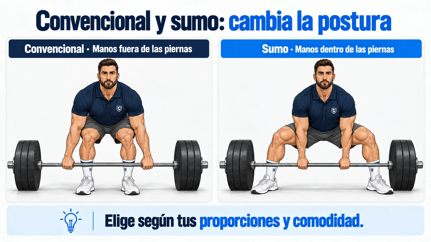Diferencias en la posición de pies y manos entre el peso muerto convencional y el sumo.