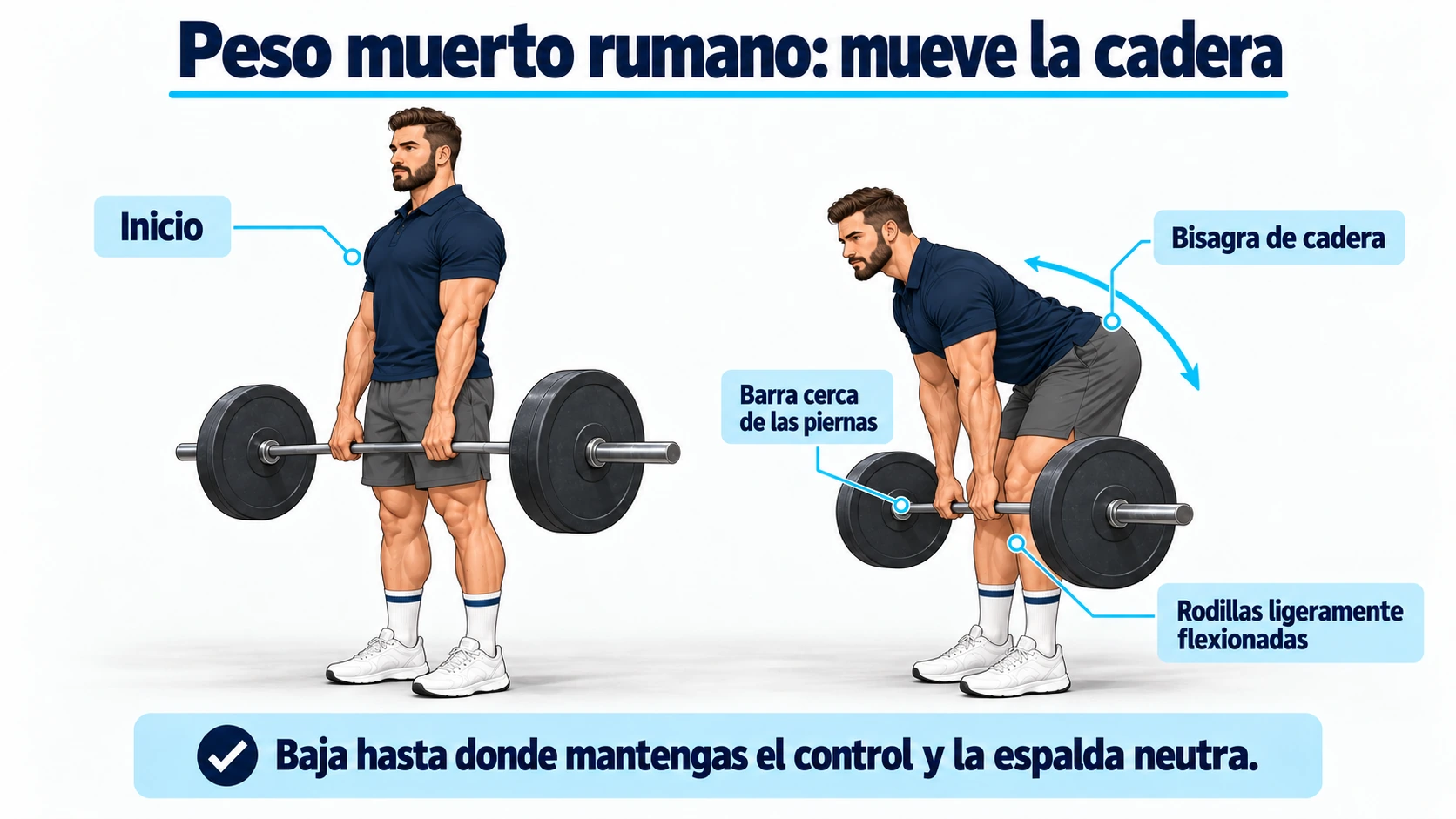 Fases del peso muerto rumano con barra próxima a las piernas, bisagra de cadera y rodillas ligeramente flexionadas.