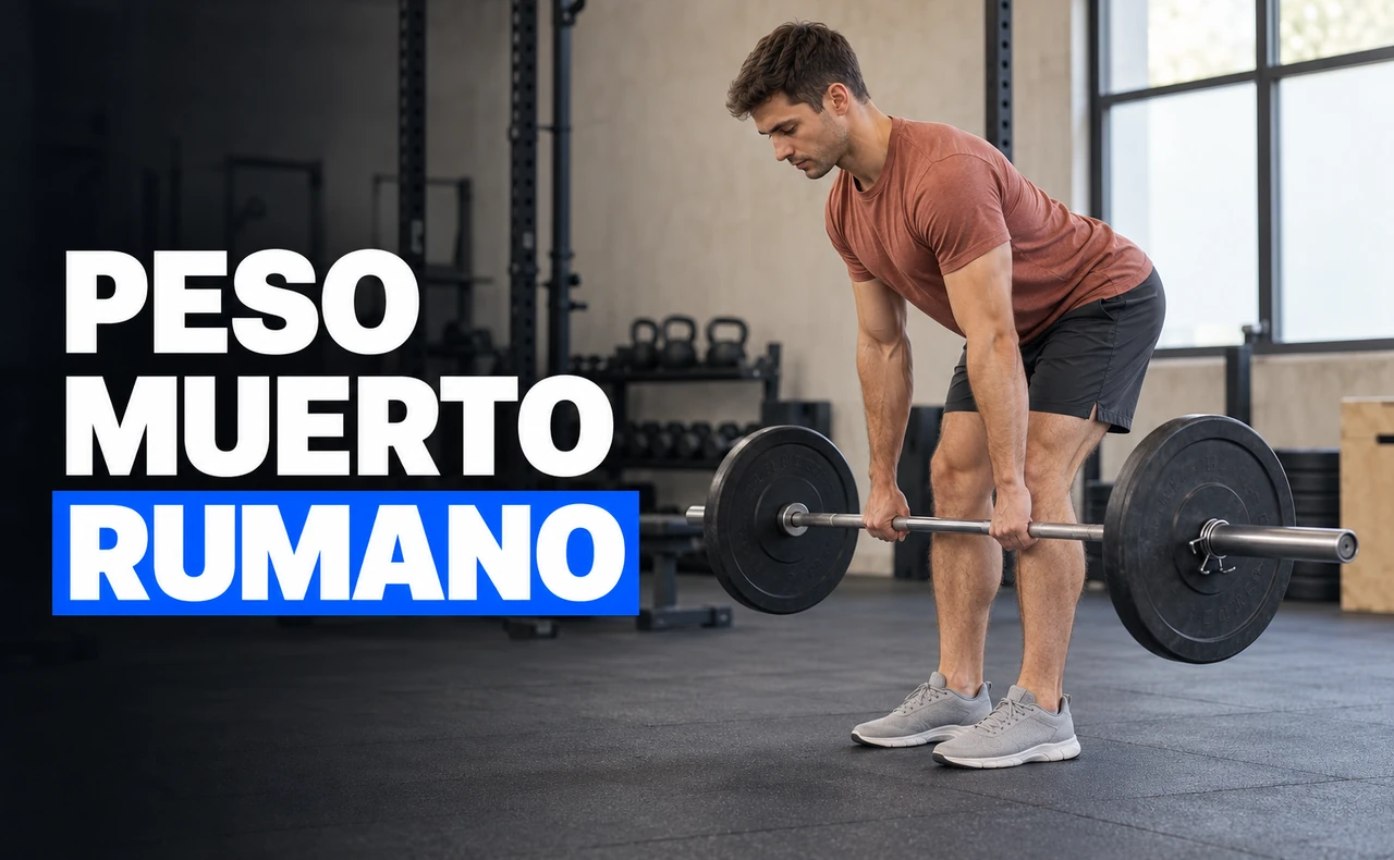 Deportista joven con camiseta terracota realizando un peso muerto rumano con barra en un gimnasio, con el titular «Peso muerto rumano».