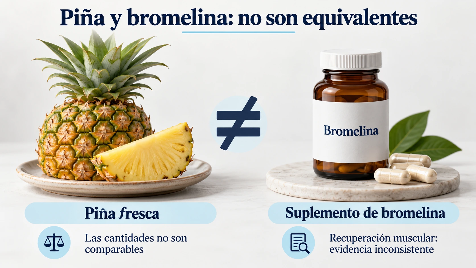 Comparación entre piña fresca y suplemento de bromelina, cuyas cantidades no son directamente comparables.