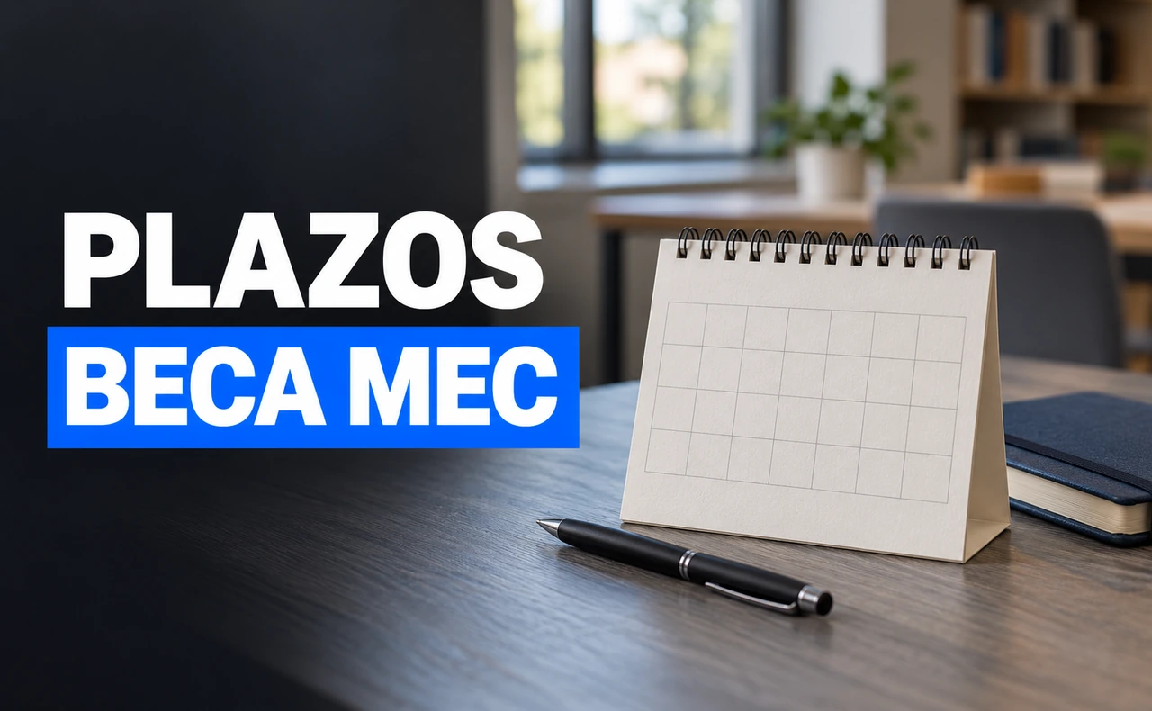 Calendario de sobremesa sin fechas, bolígrafo y cuaderno sobre un escritorio, junto al titular «Plazos Beca MEC».