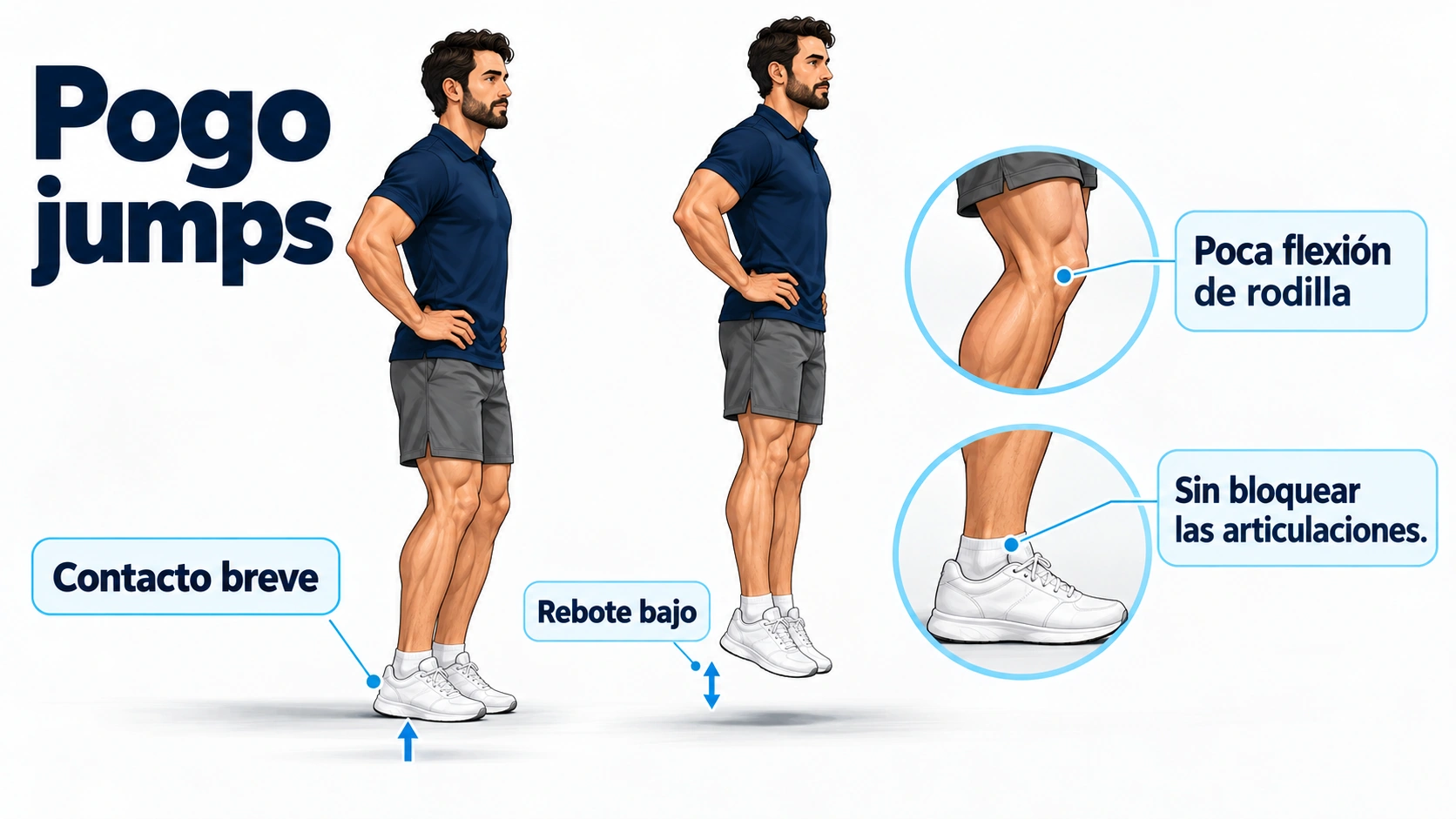 Los pogo jumps utilizan rebotes pequeños con movimiento predominante del tobillo y poca flexión de rodilla, sin bloquear las articulaciones.