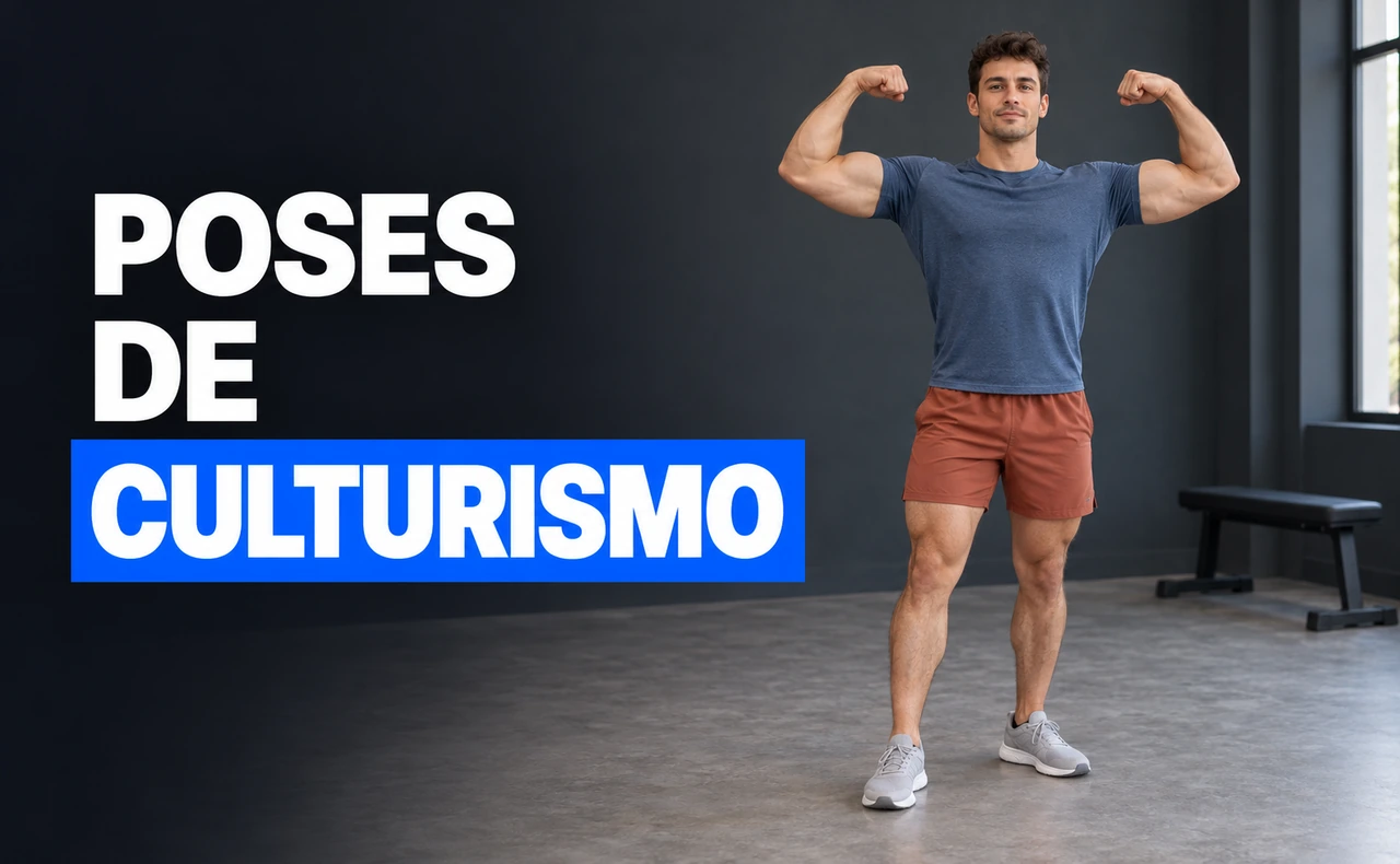 Deportista joven con ropa deportiva practicando la pose de doble bíceps frontal en una sala, junto al titular «Poses de culturismo».