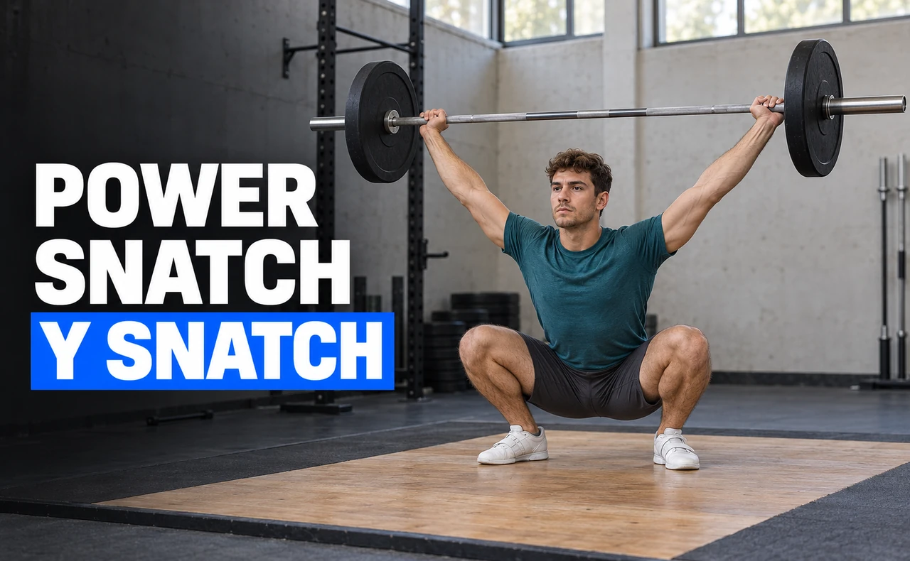 Deportista joven recibiendo una barra por encima de la cabeza en sentadilla profunda, con el titular «Power snatch y snatch».