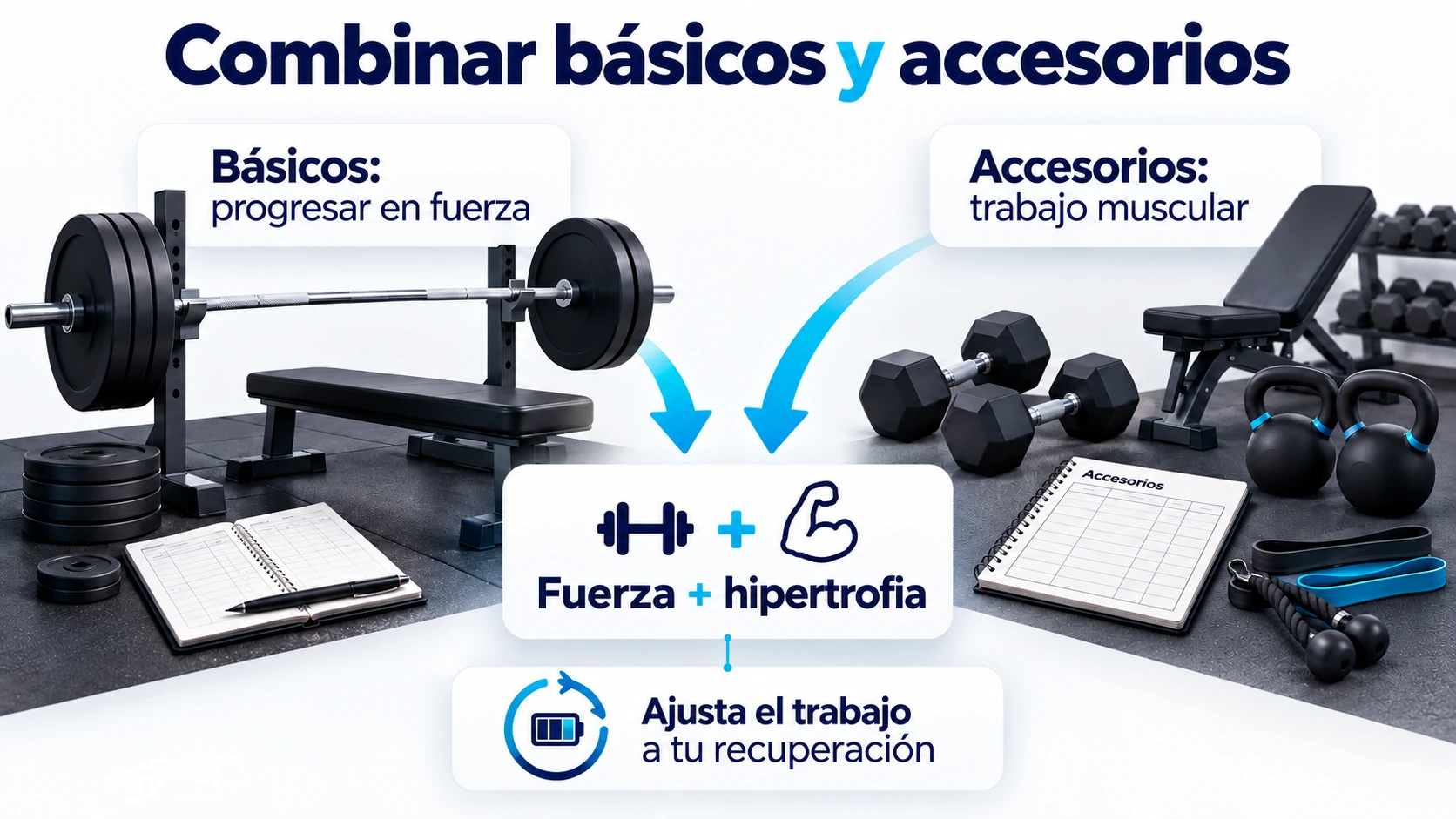 Combinación de básicos para progresar en fuerza y accesorios para el trabajo muscular
