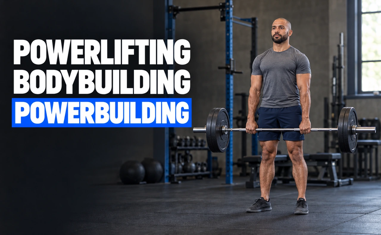 Deportista de pie sosteniendo una barra al finalizar un peso muerto en un gimnasio. Titular: «Powerlifting, bodybuilding, powerbuilding».