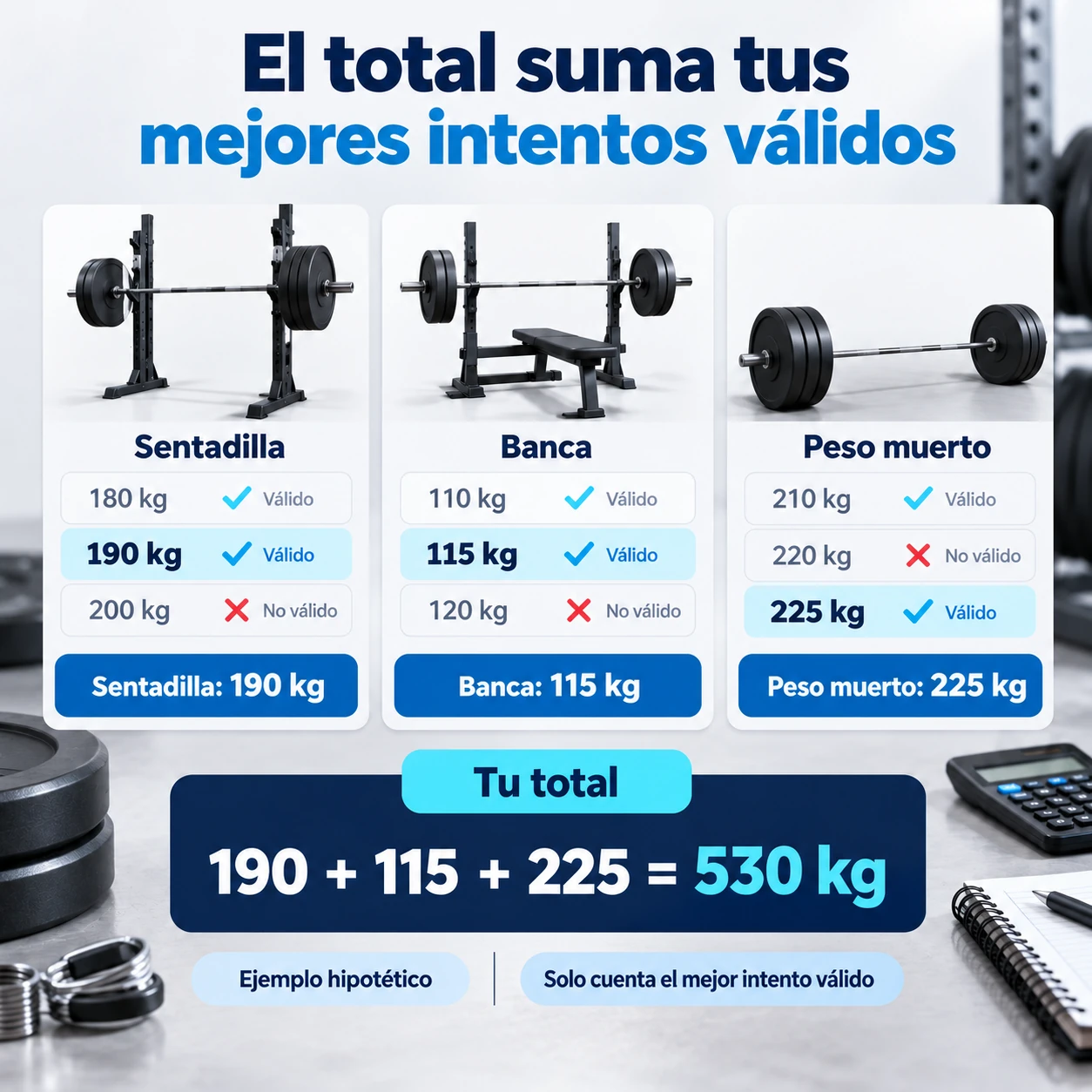 Ejemplo hipotético del total de powerlifting sumando el mejor intento válido de cada prueba