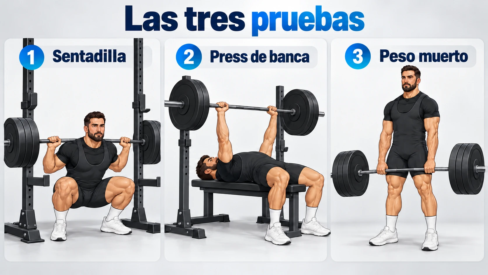 Ilustración de sentadilla, press de banca y peso muerto como las tres pruebas de powerlifting