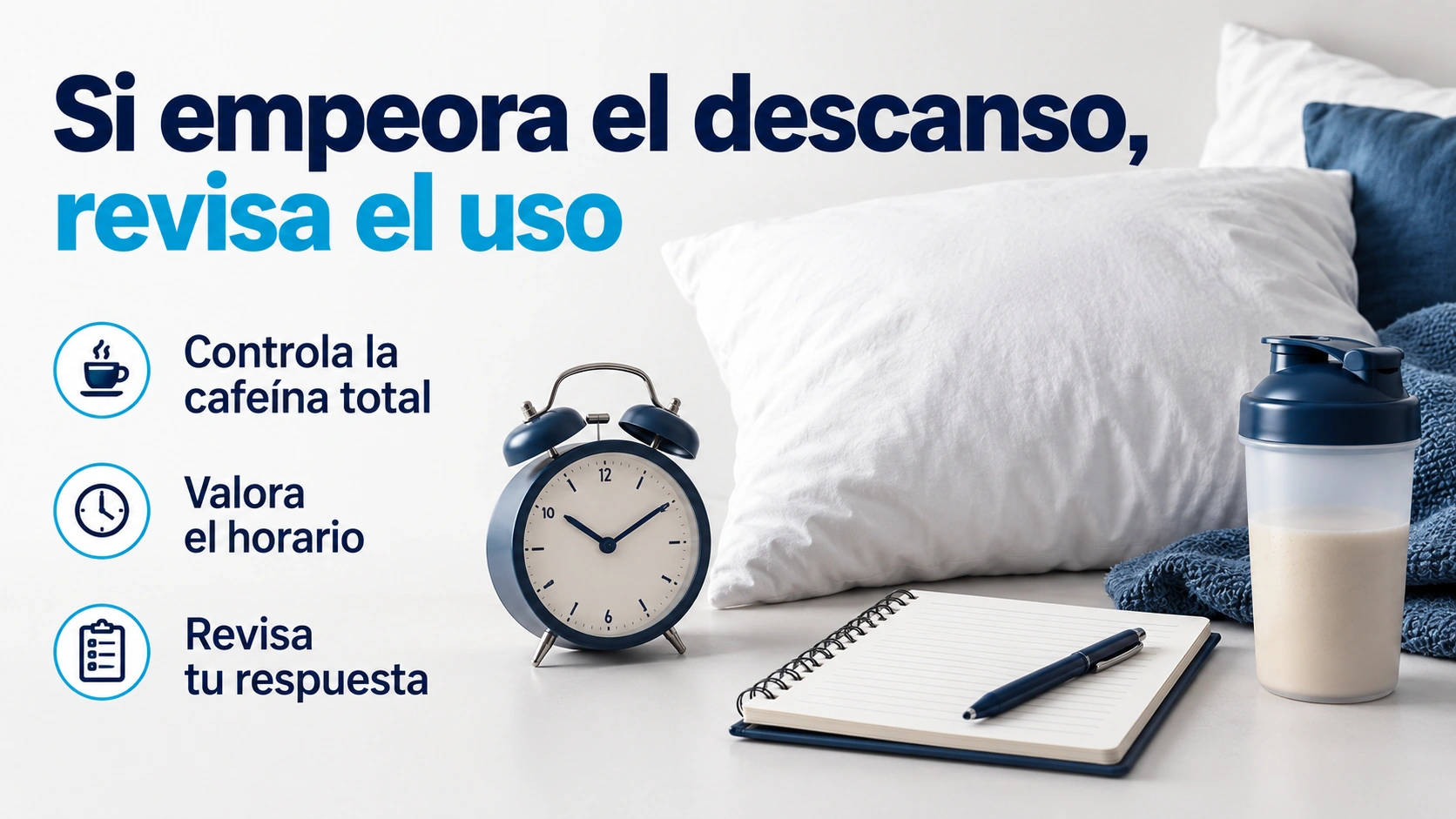 Almohada, reloj y registro de sensaciones recuerdan revisar el uso de estimulantes si afecta al descanso.