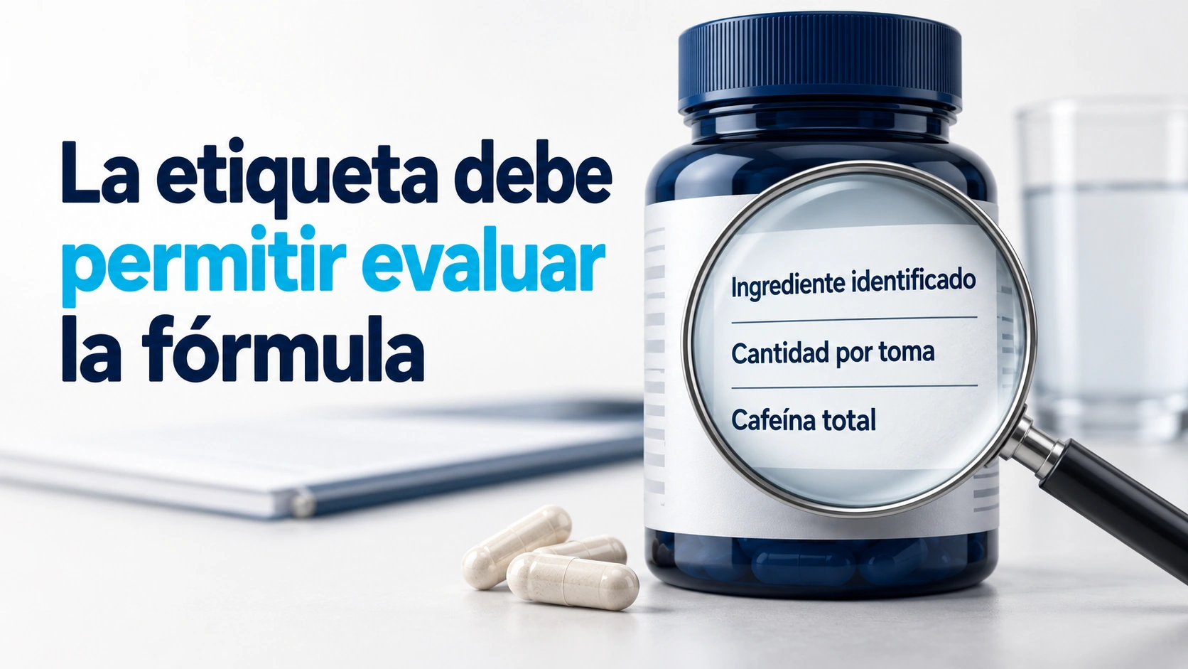 Lupa sobre una etiqueta genérica con ingrediente, cantidad por toma y cafeína total para evaluar una fórmula.